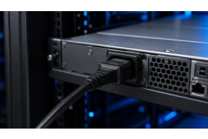 C13 power cord connector plugging into a C14 inlet on a 1U rack server in a data center environment