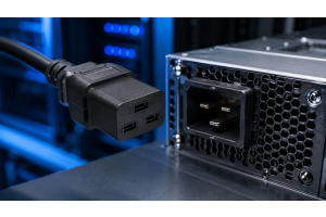 C19 power cord connector next to a C20 inlet on a high-draw rack server, showing the larger connector size compared to standard C13
