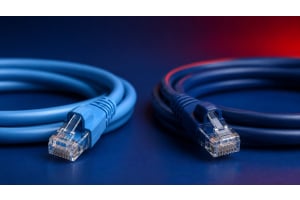 Cat5e and Cat6 Ethernet cables with RJ45 connectors side by side