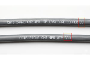 Ethernet cable jacket markings showing CU pure copper and CCA copper-clad aluminum side by side