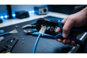 Hands crimping an RJ45 connector onto a twisted-pair Ethernet cable with color-coded wires fanned out 