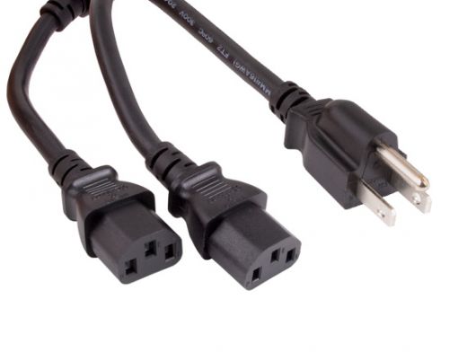 3ft 16 AWG Universal Power Cord Splitter Cable (NEMA 5-15P to IEC320 C13 x 2), Black
