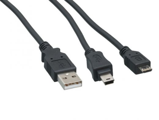 USB 2.0 A Male to Mini-B 5-pin + Micro-B 5-pin Charging Cable