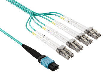 25m OM4 MTP TO 4* LC 8 Fibers Duplex Corning Fiber Breakout Cable Type B Multimode 50/125 OFNP Rated, Aqua