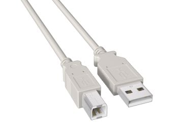 10ft USB 2.0 Type A Male to B Male cable, ash white color, double-shielded for 480Mbps data transfer, ideal for connecting printers, scanners, and external hard drives to computers.