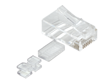 Cat6 RJ45 Modular Plug for Round Stranded Cable, 2 Prongs, W/ Inserts, Clear, Pack of 100