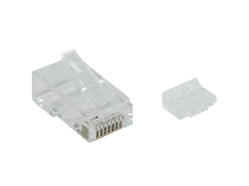 Mini Cat6a & Cat6 RJ45 Modular Plug for Round Stranded Cable, 3 Prongs, W/ Inserts, Clear, Pack of 100
