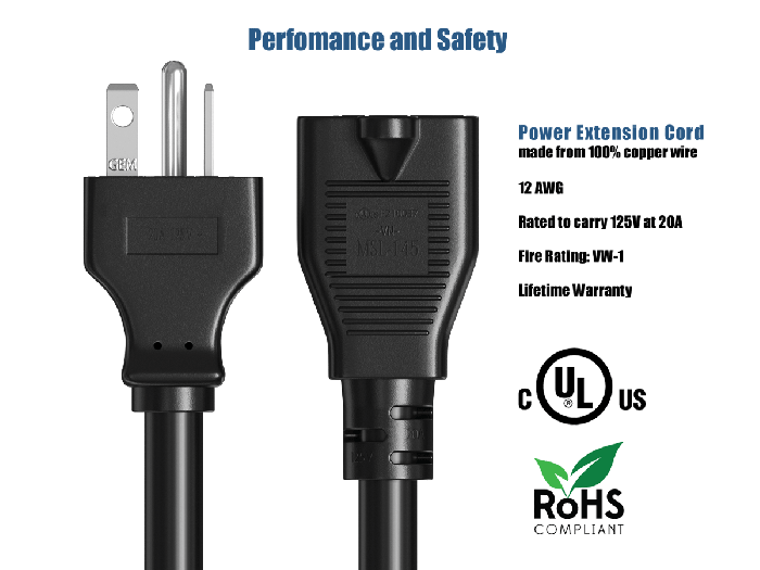10ft Heavy-Duty NEMA 5-20P to NEMA 5-20R 12 AWG Extension Power Cord
d

