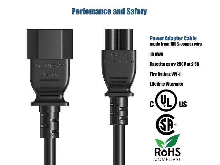 3FT IEC320 C14 to C5 Heavy Duty Power Extension Cord 18AWG 2.5A/250V, Black