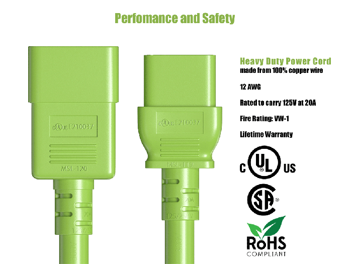 2ft 12AWG IEC320 C20 to IEC320 C19 Heavy Duty Power Cord 20A 250V green