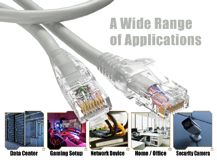 1ft Cat6 UTP snagless patch cable, 24AWG, RJ45 with 50-micron gold contacts, clear strain relief boot, grey color, for high-performance Gigabit Ethernet connections.