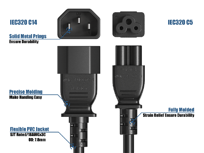 3FT IEC320 C14 to C5 Heavy Duty Power Extension Cord 18AWG 2.5A/250V, Black