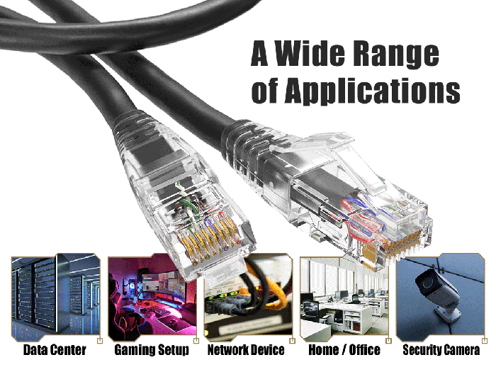 15ft Cat6 UTP snagless patch cable, 24AWG, RJ45 with 50-micron gold contacts, clear strain relief boot, black color, for high-performance Gigabit Ethernet connections.