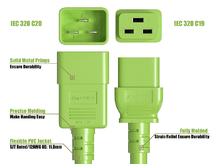 2ft 12AWG IEC320 C20 to IEC320 C19 Heavy Duty Power Cord 20A 250V green