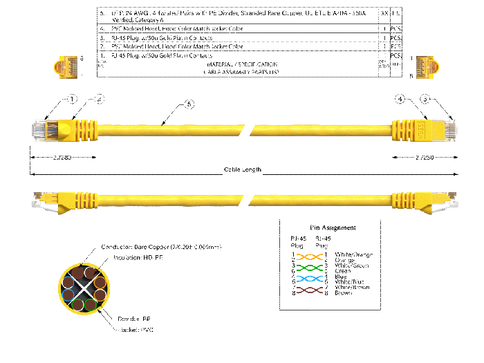 30ft Cat6 UTP Ethernet Network Patch Cable Snagless 24AWG Bare Copper, Yellow