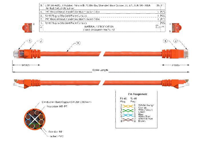 1ft Cat5e UTP Ethernet Network Patch Cable Snagless 24AWG Bare Copper, Orange