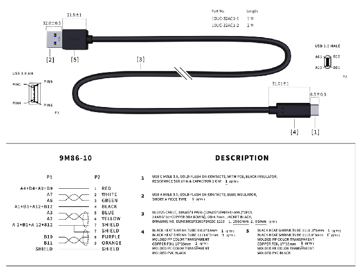 0.5m USB 3.2 Cable Gen 2x1 Type C to Type A Male to Male Cable, Up to 10 Gbps, Black