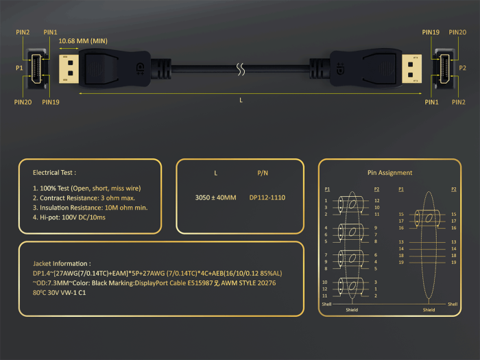 10ft Gold Plated Premium DisplayPort Male to Male Cable with Latches, Version 1.4 VESA Certified