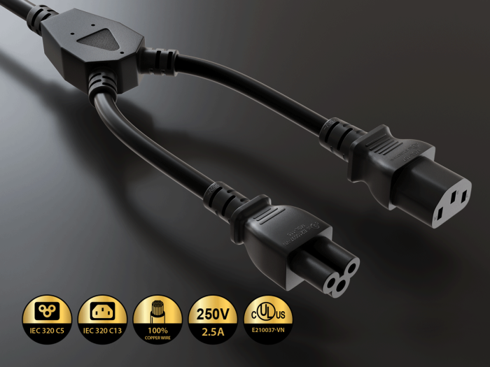 72 inches (6ft) IEC-320 C14 to C13 & C5 Power Extension Cord Y-Splitter Cable 18AWG 2.5A/250V SJT, Black