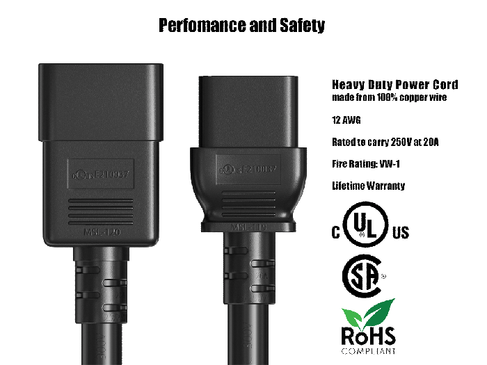 15ft 12 AWG IEC320 C20 to IEC320 C19 Heavy Duty Power Cord 20A 250V 