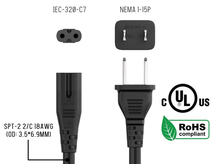 15FT NEMA 1-15P to C7 Notebook Power Cord Non-Polarized 18AWG SPT-2 7A/125V, Black