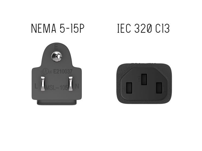 6ft 18AWG NEMA 5-15P to IEC-60320-C13 power cord, SVT, 60°C, 10A/125V, Black/Blue/Red/Green/White, UL & cUL listed, CSA approved, for monitors, computers, printers, scanners, TVs, sound systems, and other devices with IEC-60320-C14 inlets.