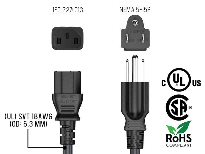 6ft 18AWG NEMA 5-15P to IEC-60320-C13 power cord, SVT, 60°C, 10A/125V, Black/Blue/Red/Green/White, UL & cUL listed, CSA approved, for monitors, computers, printers, scanners, TVs, sound systems, and other devices with IEC-60320-C14 inlets.