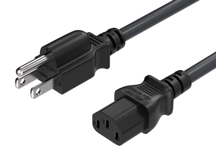 6ft 18AWG NEMA 5-15P to IEC-60320-C13 power cord, SVT, 60°C, 10A/125V, Black/Blue/Red/Green/White, UL & cUL listed, CSA approved, for monitors, computers, printers, scanners, TVs, sound systems, and other devices with IEC-60320-C14 inlets.