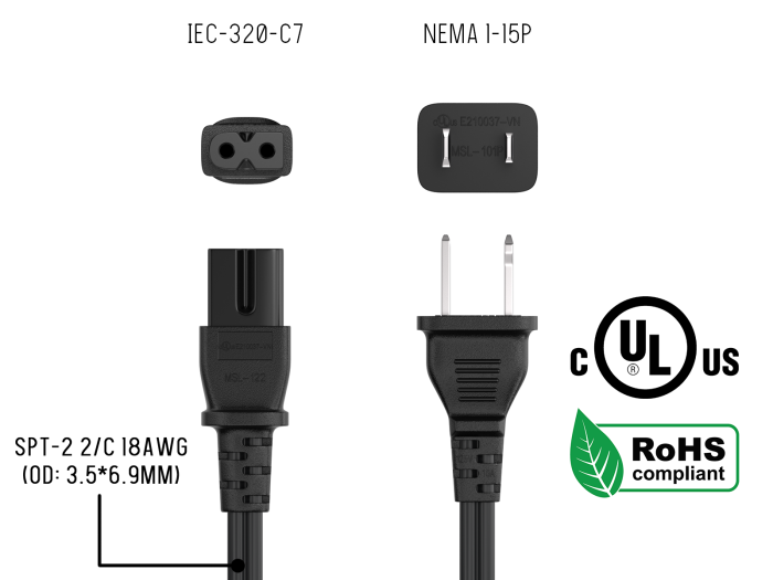 3ft NEMA 1-15P to C7 2-Prong Notebook Power Cord, Polarized, 18 AWG, SPT-2, 10A/125V, Black