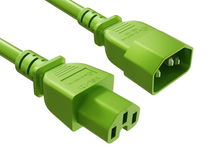 8FT 14AWG C15 to C14 Extension Power Cord | UL SJT 105°C | 15A/250V | Green | UL & cUL Listed