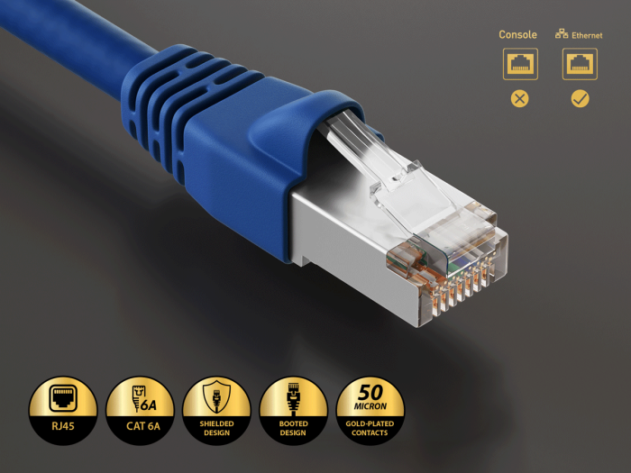 100ft Cat6a Shielded Ethernet Network Patch Cable STP Snagless 24AWG Bare Copper, Blue