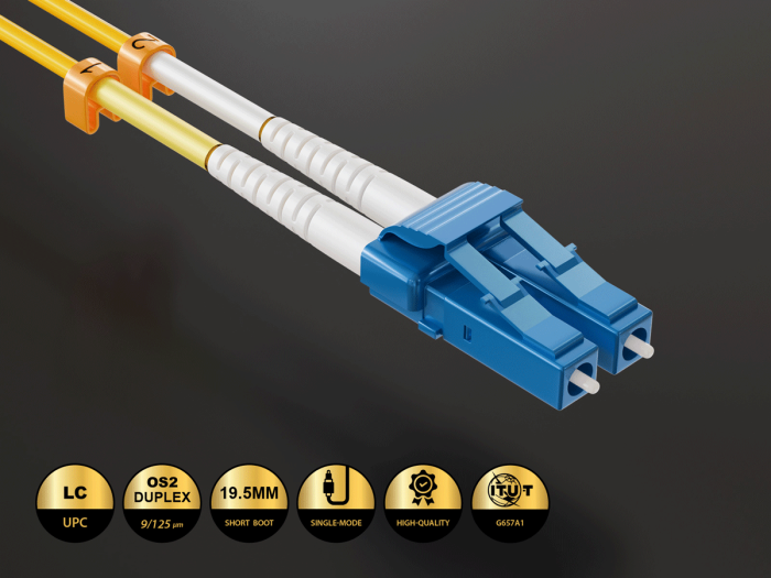 2m OS2 Short Boot LC TO SC UPC Duplex Corning Fiber Optic Cable Single-Mode 9/125 LZSH/OFNR Rated, Yellow