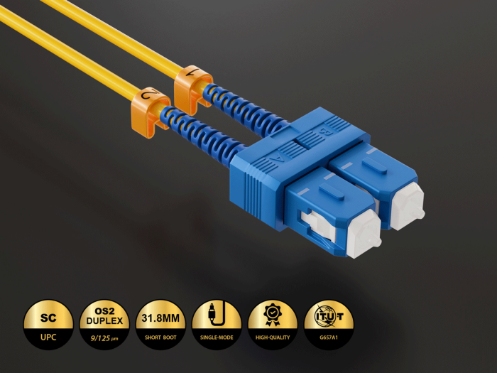 2m OS2 Short Boot LC TO SC UPC Duplex Corning Fiber Optic Cable Single-Mode 9/125 LZSH/OFNR Rated, Yellow