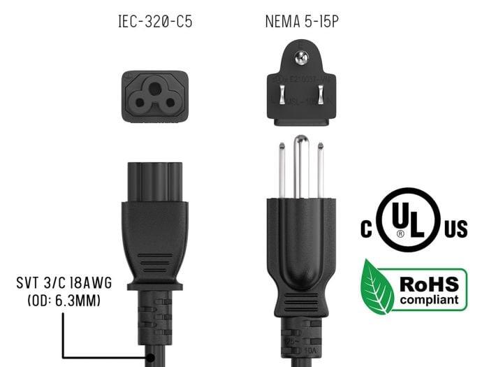 3ft NEMA 5-15P to C5 3-Prong Notebook Power Cord, 18AWG, SVT, 10A/125V, Black