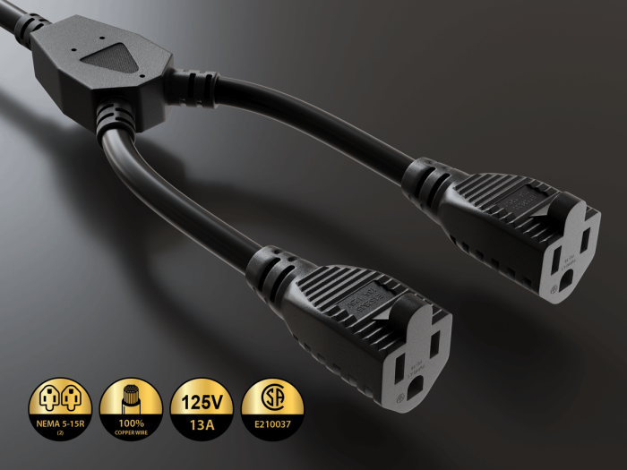 14 inches NEMA 5-15P to Dual 5-15R Power Extension Cord Splitter 16AWG 13A/125V SJT, Black