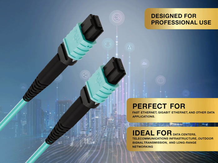 30m OM4 MPO TO MPO 12 Fibers Corning Fiber Trunk Cable Type B Multimode 50/125 OFNR Rated, Aqua
