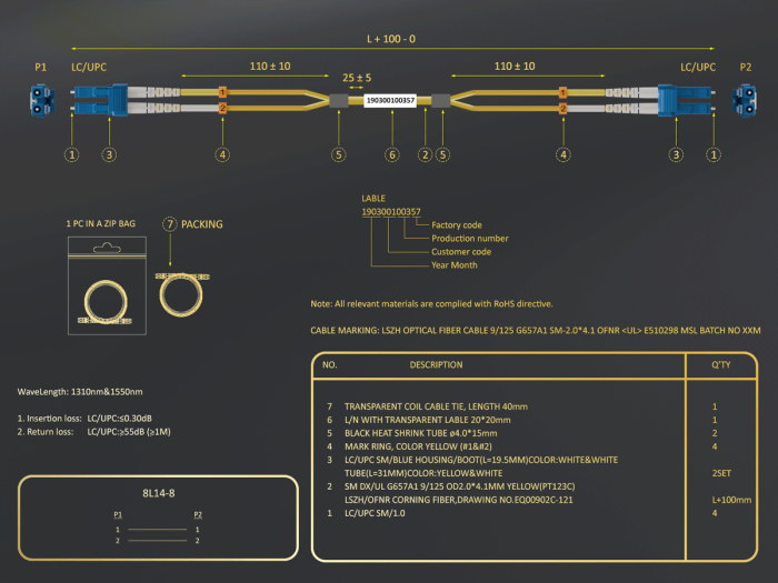 50m OS2 Short Boot LC TO LC UPC Duplex Corning Fiber Optic Cable Single-Mode 9/125 LZSH/OFNR Rated, Yellow