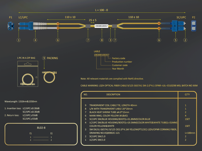 2m OS2 Short Boot LC TO SC UPC Duplex Corning Fiber Optic Cable Single-Mode 9/125 LZSH/OFNR Rated, Yellow