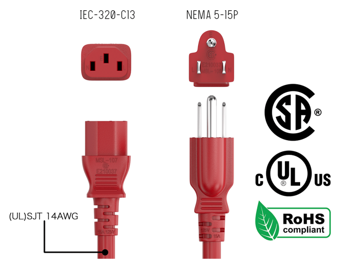 6ft NEMA 5-15P to C13 Universal  AC Power Cord 14AWG  SJT 15A/125V, Red
