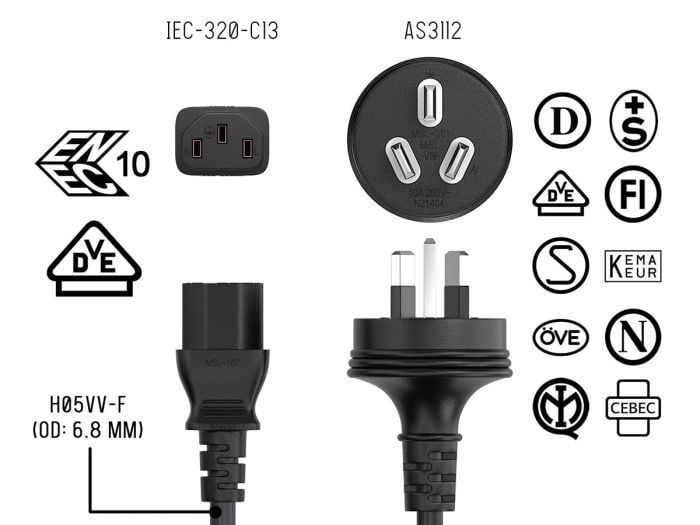 6ft AS3112 to C13 Australia Power Cord, 18AWG, 10A/250V, Black