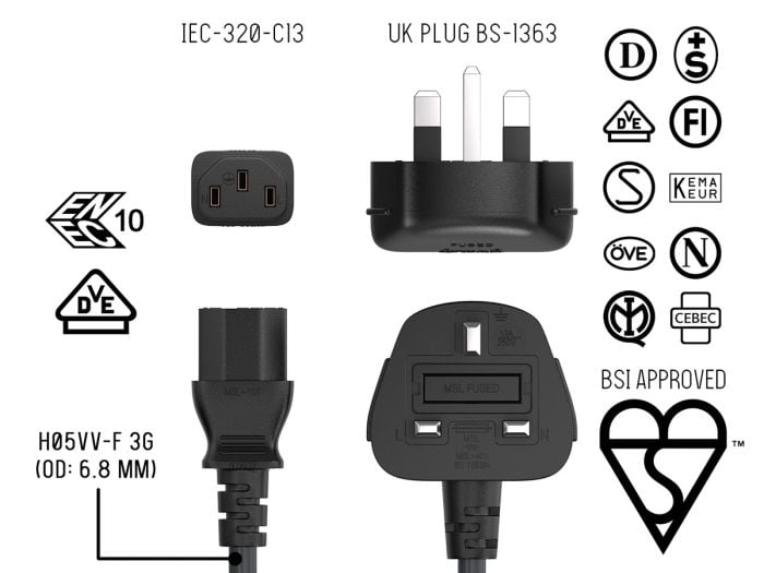 6FT IEC320 C13 to BS1363 England UK Power Cord with Fuse 18AWG 13A/250V, Black