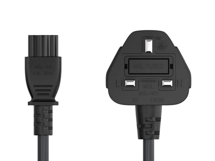 3ft BS1363 to C5 England UK Power Cord with Fuse, for Notebook, 18AWG, Black