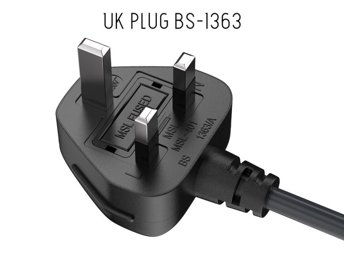 3ft BS1363 to C5 England UK Power Cord with Fuse, for Notebook, 18AWG, Black