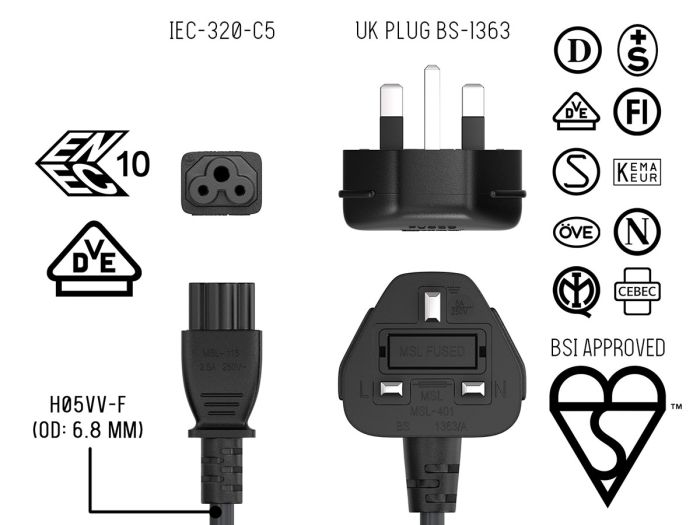 3ft BS1363 to C5 England UK Power Cord with Fuse, for Notebook, 18AWG, Black