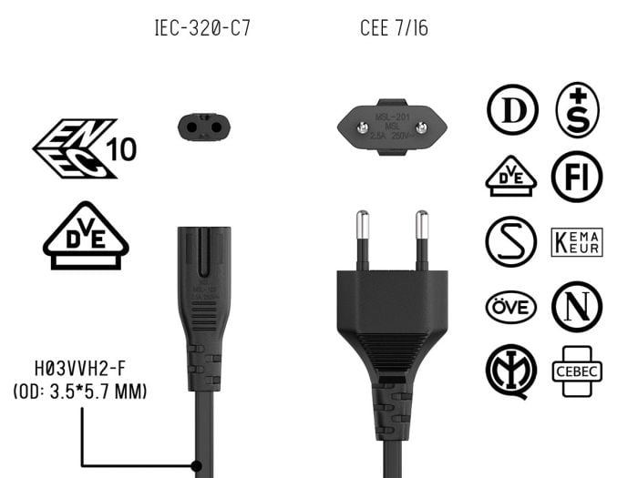 6ft CEE 7/16 to IEC320 C7 European Power Cord for Notebook Non-Polarized 18AWG , Black