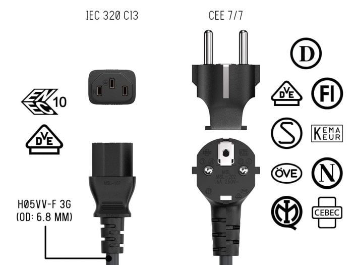 6FT CEE 7/7 to IEC320 C13 Right Angle European Schuko Power Cord 18AWG 10A/250V, Black