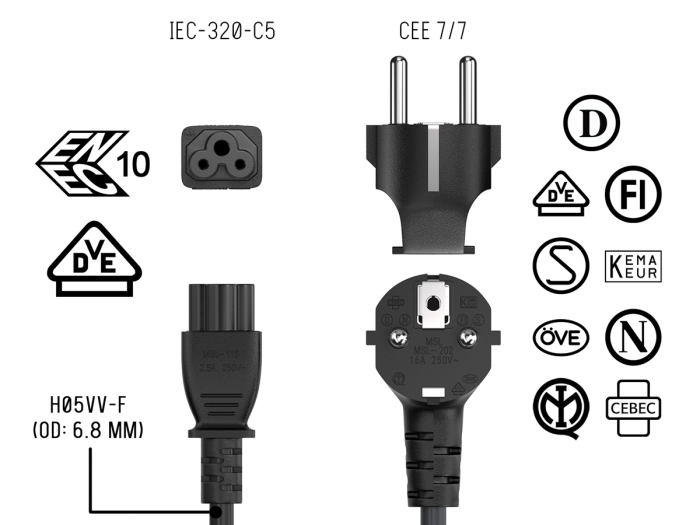6ft European Schuko 3-Prong Angled CEE 7/7 to C5 Notebook Power Cord, Black
