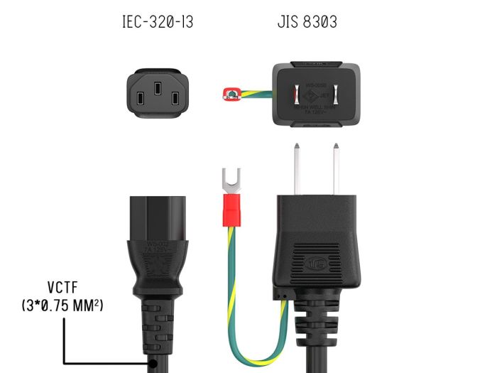 6ft JIS8303 to C13 Japan Power Cord with Ground, 18AWG, 7A/125V, Black