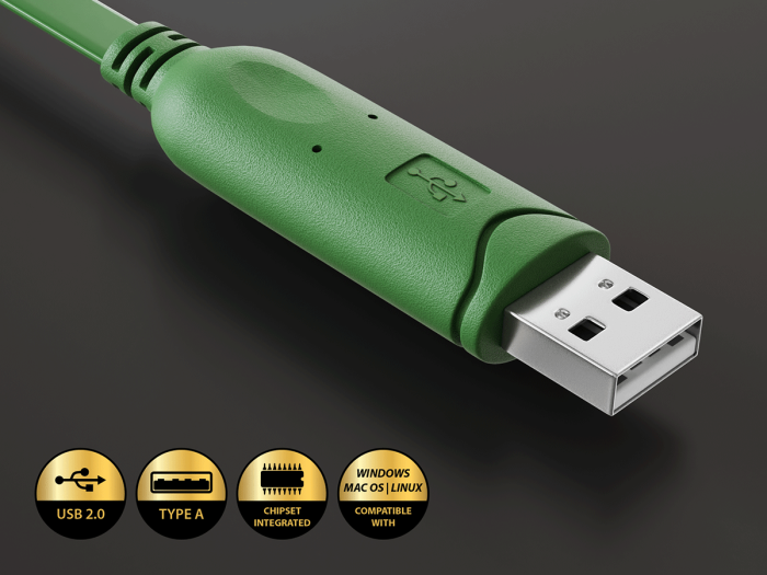 6FT USB 2.0 Type A Male to RJ45 8P8C Male Flat Console Cable, Green, Gold-Plated Contacts 