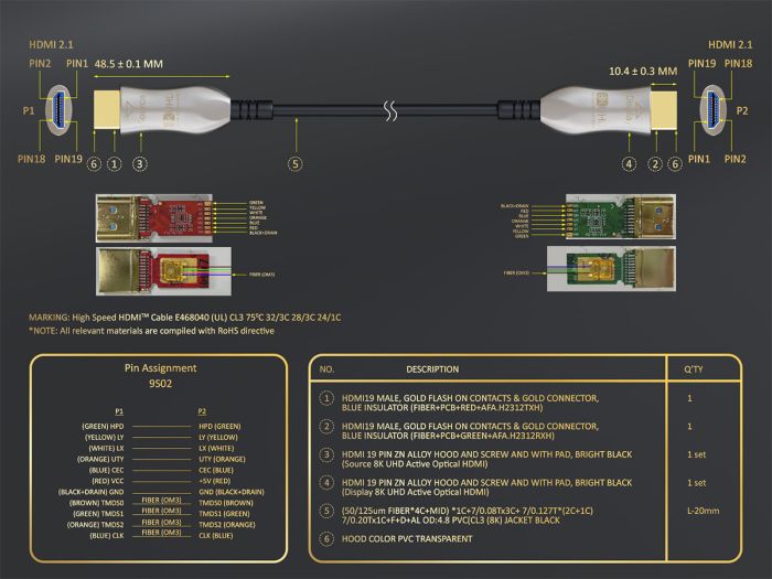 50ft Ultra High Speed 8K HDMI Fiber Optic Cable (AOC), HDMI 2.1, CL3 Rated, 8K Support, UL, Black 